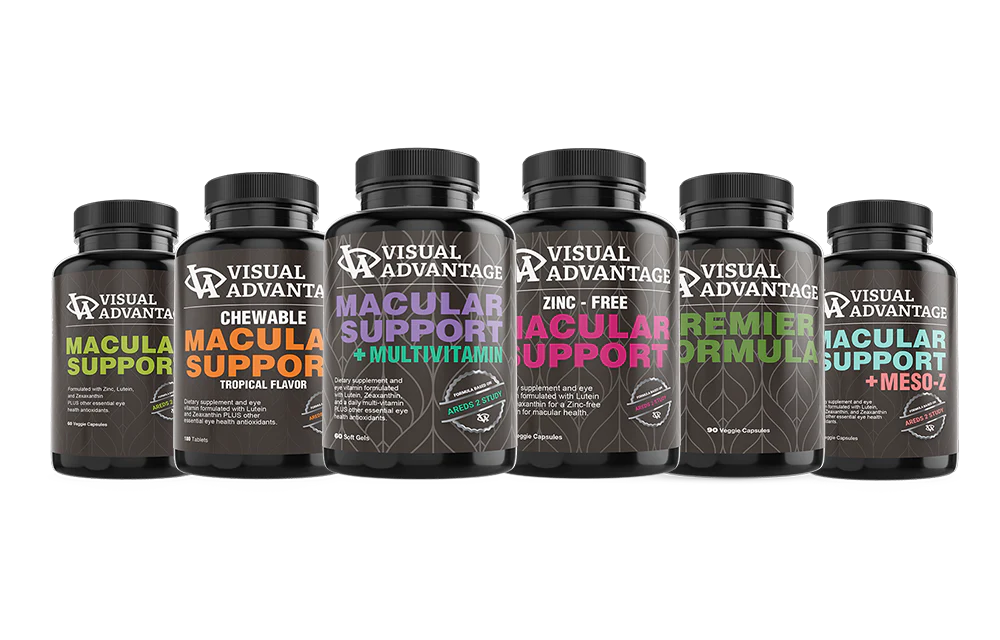 six bottles of Visual Advantage products: Macular Support, Chewable Macular Support, Macular Support +Multivitamin, Zinc-Free, PRemier Formula, and Macular Support + Meso2