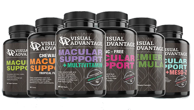 six bottles of Visual Advantage products: Macular Support, Chewable Macular Support, Macular Support +Multivitamin, Zinc-Free, PRemier Formula, and Macular Support + Meso2